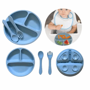 PLATO Y CUBIERTOS DE SILICONA ANTIDESLIZANTE CON 3 DIVISIONES